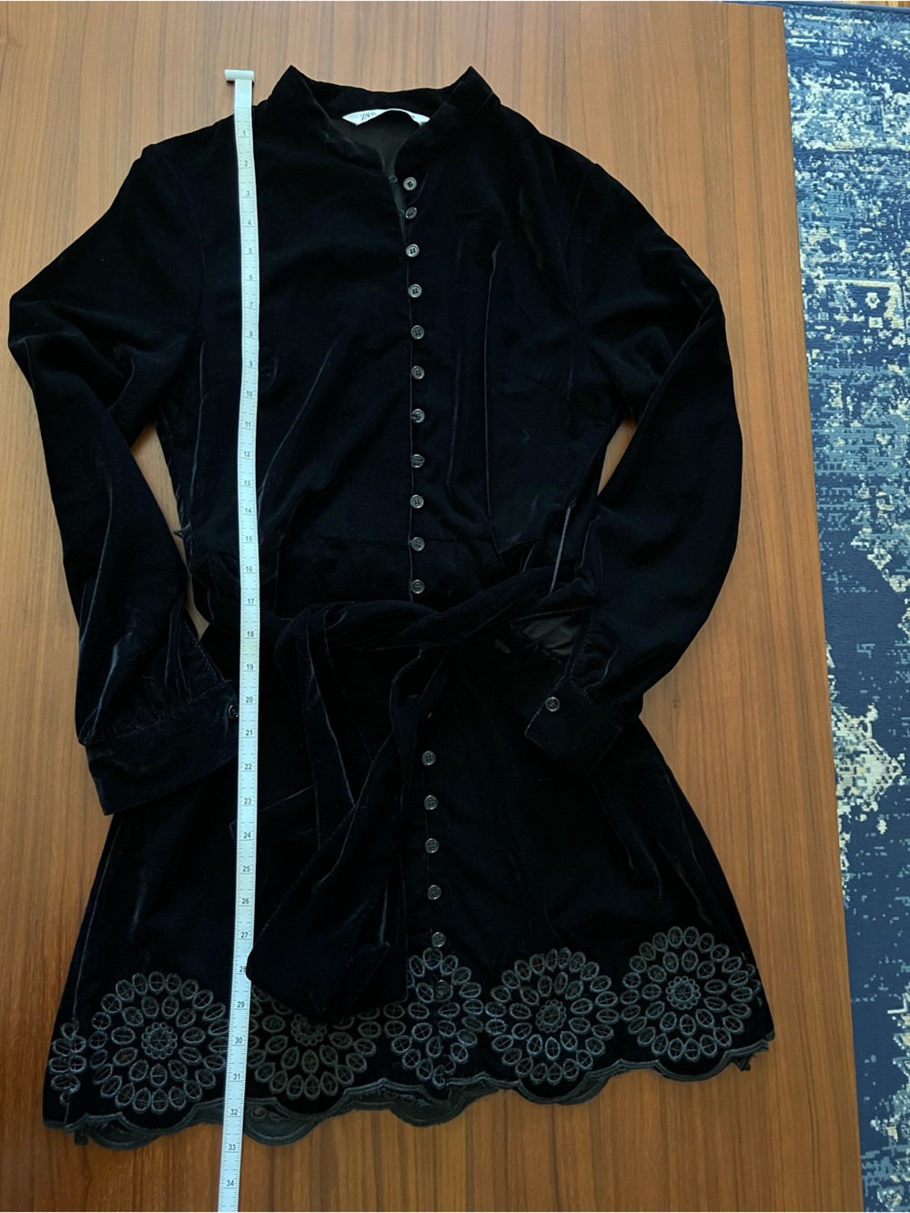 Zara Black Velvet Mini Dress with Embroidered Scallop Neckline Sz Small